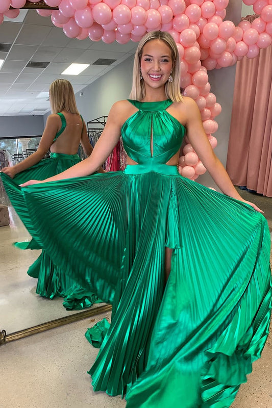 Metallic Satin Long Prom Dresses with Slit Halter Neck Evening Dresses HE024