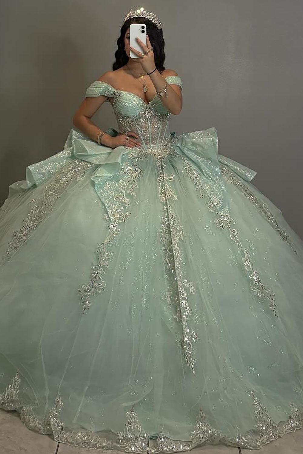 Off Shoulder Tulle Appliqued Princess Ball Gown Mint Quinceanera Dress Hebebridal Off Shoulder Tulle Appliqued Princess Ball Gown Mint Quinceanera Dress Hebebridal