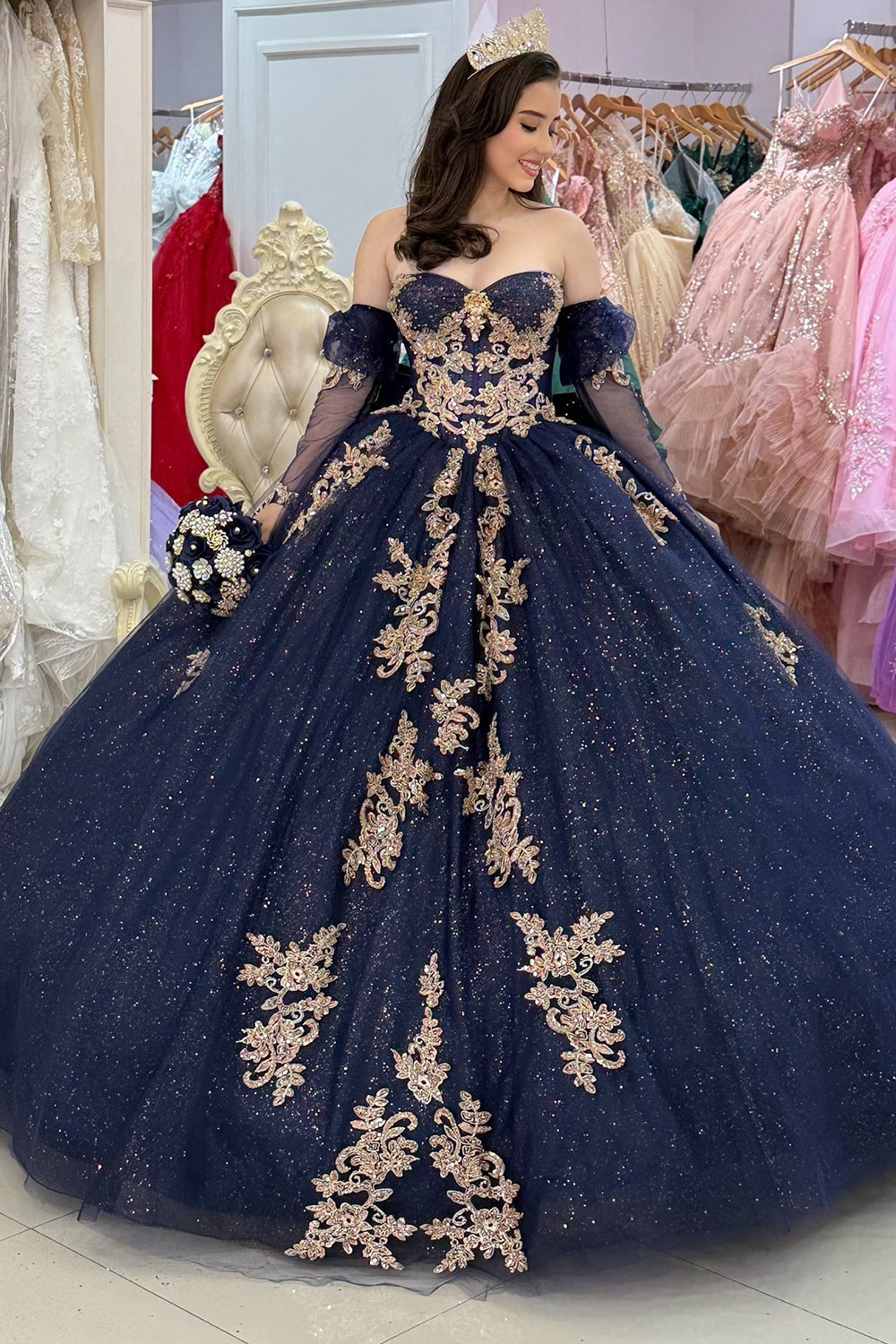 Sweetheart Glittery Tulle Appliqued Quinceanera Dresses with Detachabl