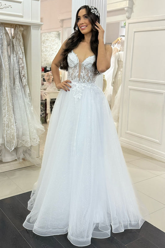 A Line V Neck Tulle Appliqued Wedding Dresses Plus Size Bridal Wedding Gowns for Women HE1063