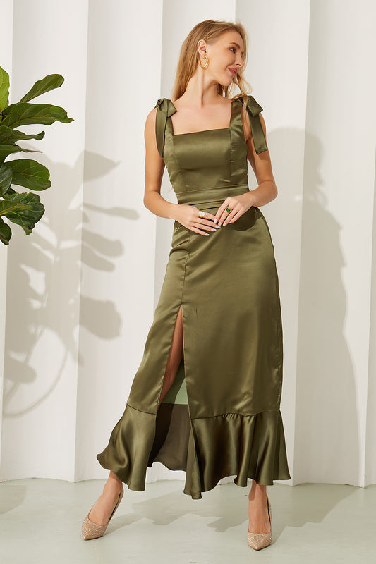 Tea Length Satin Sheath Bridesmaid Dresses with Slit Sleeveless Wedding Party Gowns HE701