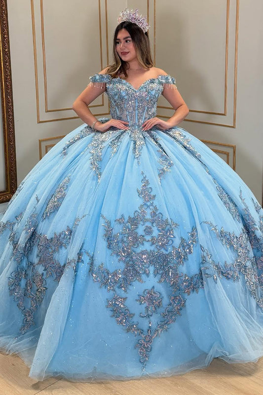 Ball Gown Glittery Tulle Applique Beaded Blue Quinceanera Dresses HE766