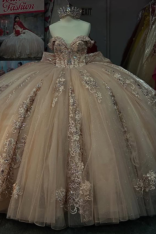Champagne Ball Gown Tulle Lace Appliqued Glittery Quinceanera Dresses HE809