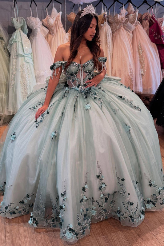 Princess Ball Gown Tulle Corset 3D Flowers Sweet 16 Quinceanera Dresses HE895