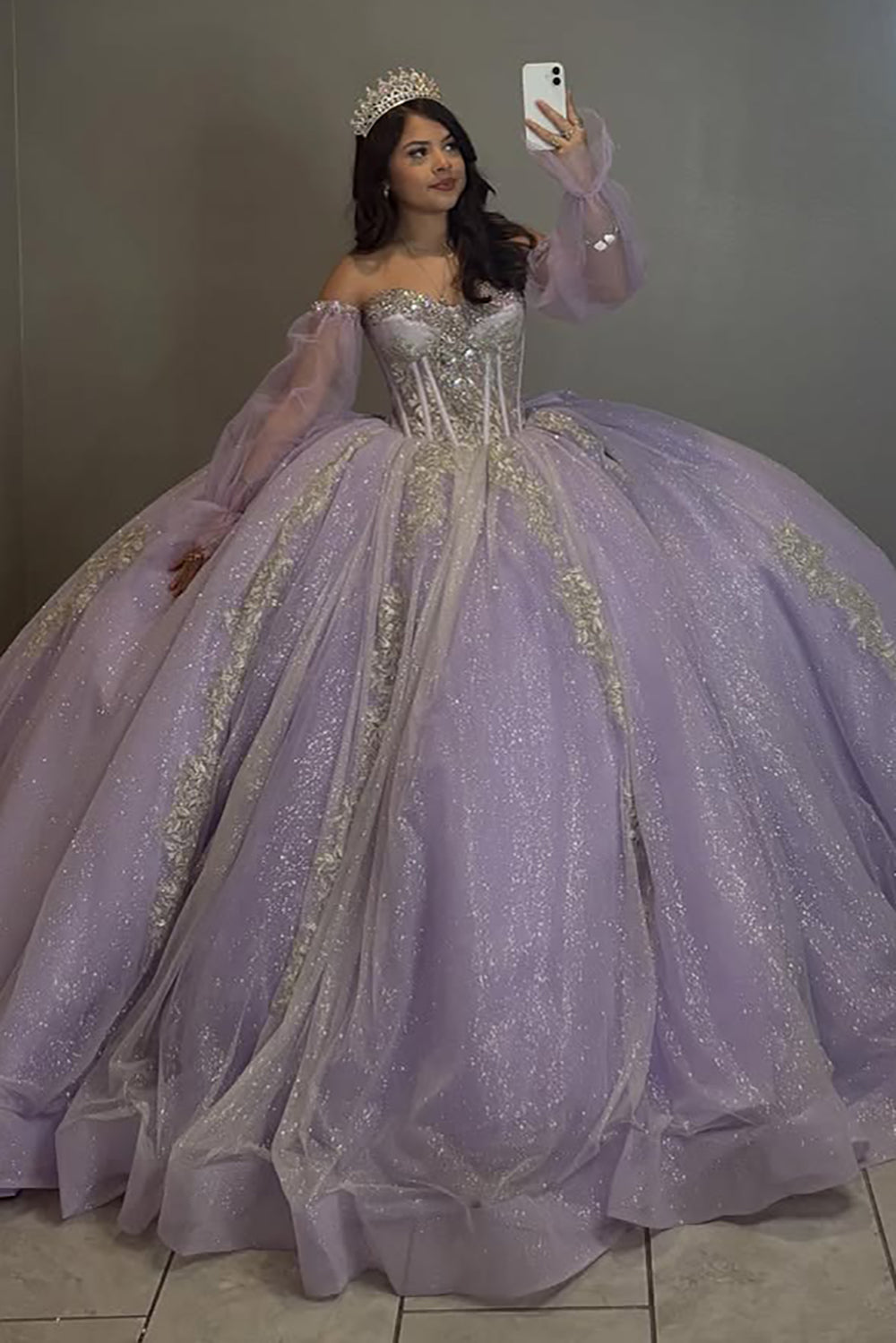 Lilac Sweetheart Corset Tulle Appliqued Beaded Quinceanera Dresses for Sweet 16 HE814