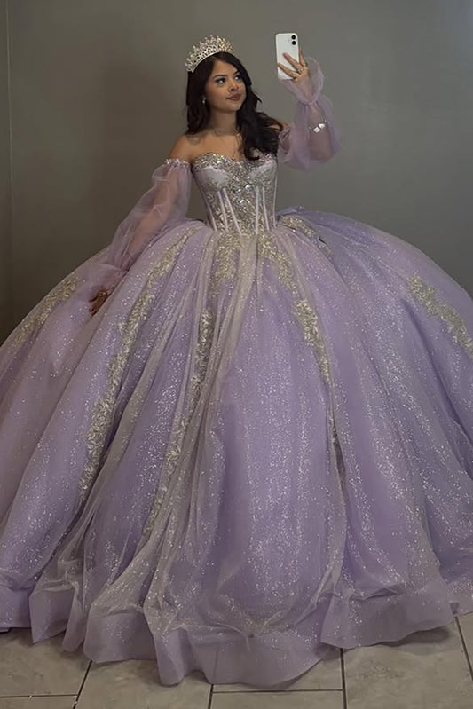 Lilac Sweetheart Corset Tulle Appliqued Beaded Quinceanera Dresses for Sweet 16 HE814