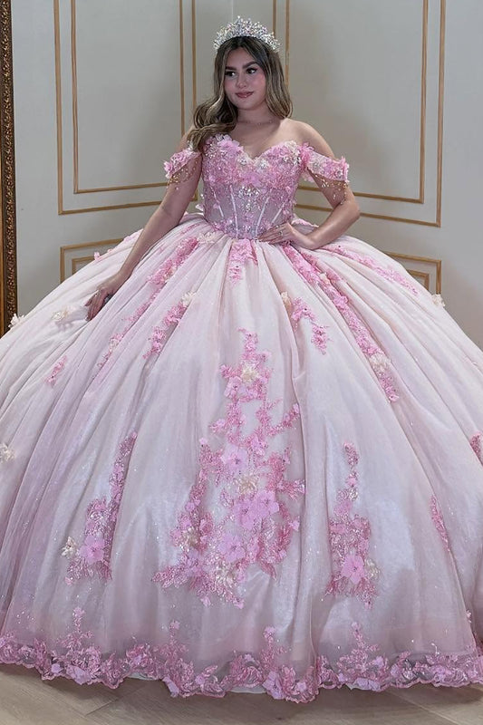 Glittery Tulle Appliqued Beaded Corset Pink Quinceanera Dresses for Birthday Party HE909