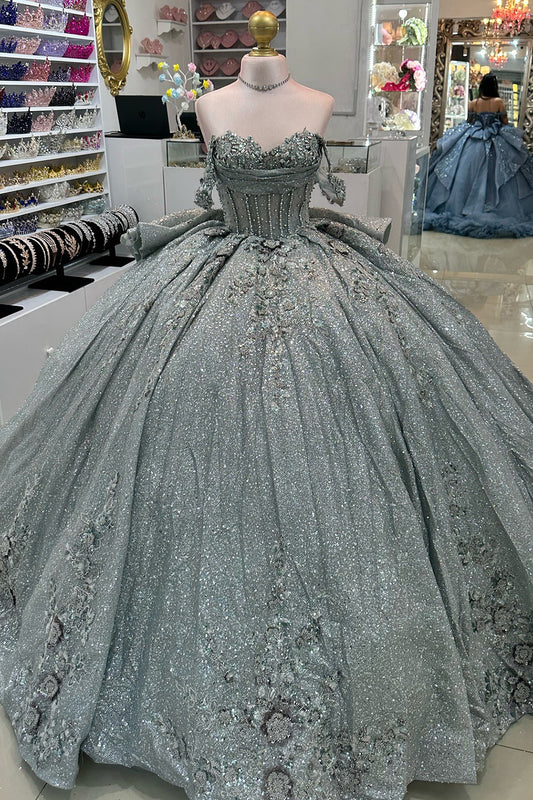 Glittery Tulle Beaded Corset Off Shoulder Quinceanera Dresses for Sweet 16 Party HE966