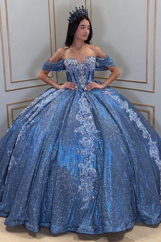 Off Shoulder Glittery Tulle Lace Appliqued Princess Quinceanera Dresses HE710