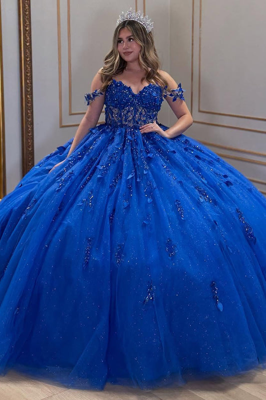 Off Shoulder Corset Tulle 3d Flowers Royal Quinceanera Dresses for Sweet 16 Birthday HE910