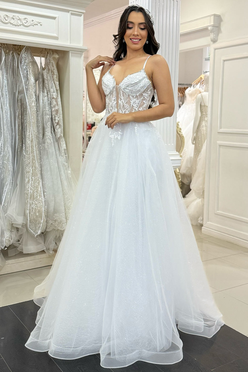 a line boho wedding dress Glittery Tulle Sweetheart Dresses Lace Appliqued W – Hebebridal Size:Cathedral (150