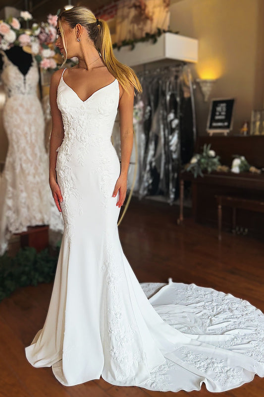 Mermaid Satin V Neck Beach Wedding Dresses Lace Appliqued Wedding Gowns for Bride HE998