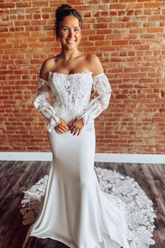 Mermaid Satin Lace Appliqued Beach Wedding Dresses Strapless Corset Bridal Gowns HE1125