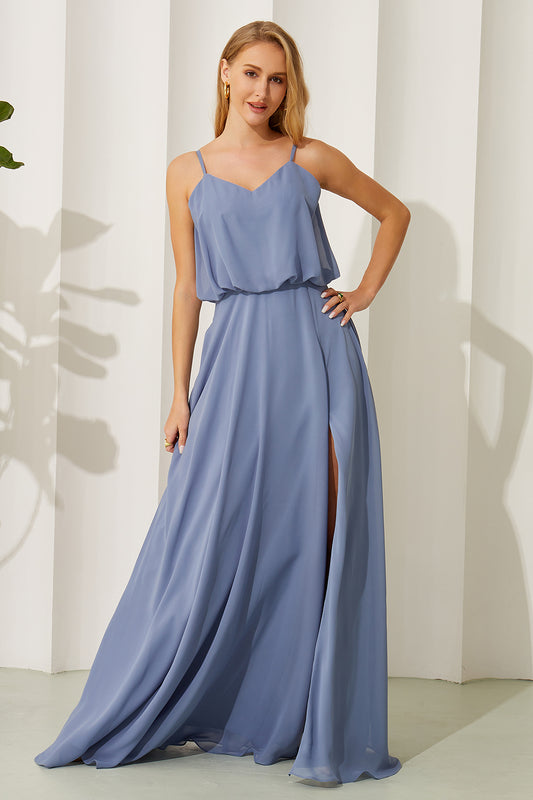 Women's Spaghetti Straps A Line Chiffon Long Bridesmaid Dresses with Slit HE698