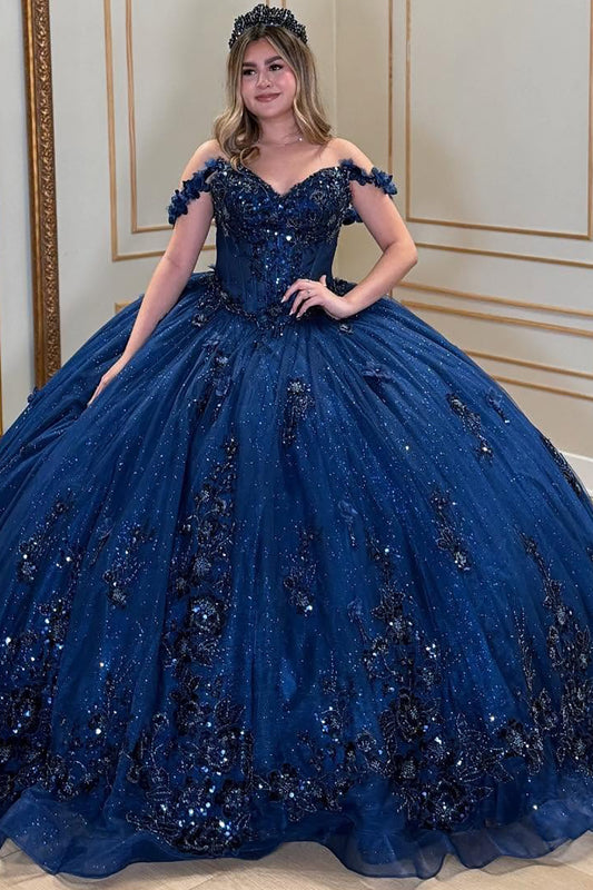 Luxury Glittery Tulle 3d Flowers Princess Navy Quinceanera Dresses for Sweet 15 HE906