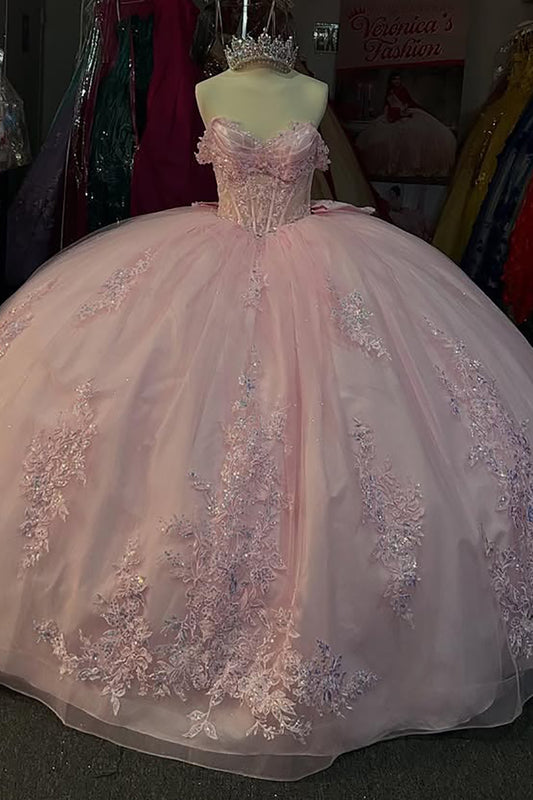 Off Shoulder Lace Appliqued Pink Ball Gown Quinceanera Dresses for Sweet 16 HE881