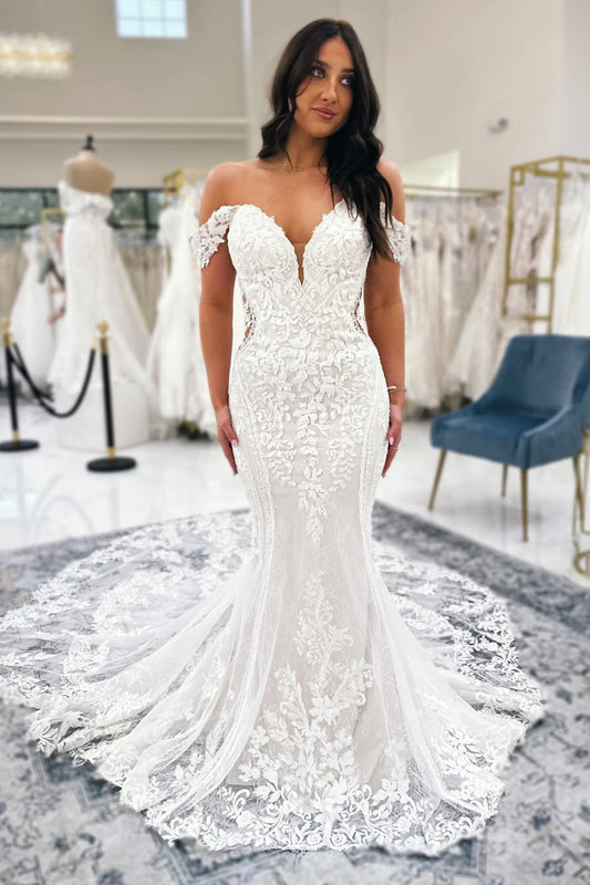 Off Shoulder Tulle Lace Appliqued Mermaid Boho Wedding Dresses for Bride HE800