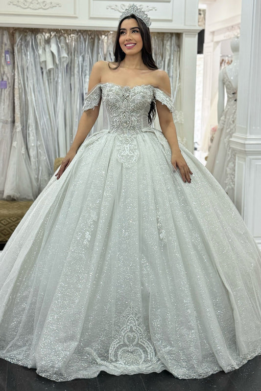 Glittery Sequin Beaded Off Shoulder Wedding Dresses Princess Bride Wedding Gowns HE994