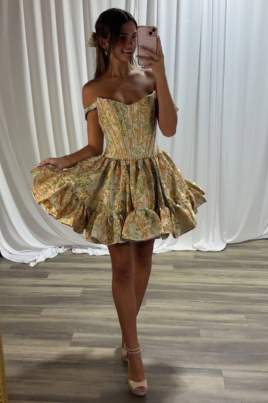 A Line Satin Floral Off Shoulder Corset Homecoming Dresses for Juniors HE759
