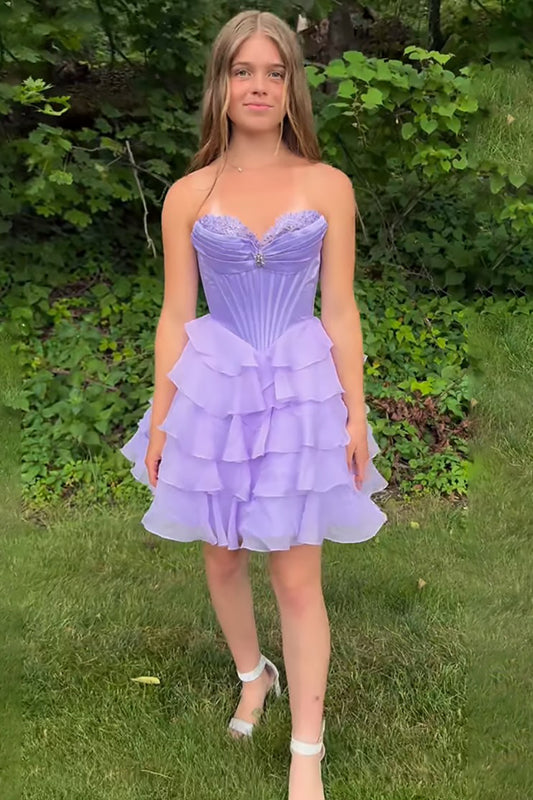 Sparkly Lavender Ruffled A Line Short Corset Homecoming Dresses with Beading HE752