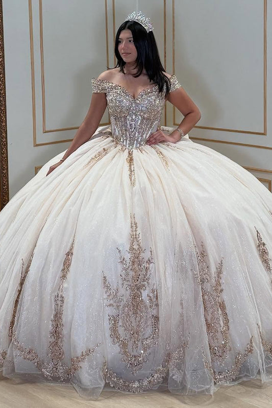Ball Gown Off Shoulder Champagne Lace Appliqued Quinceanera Dresses with Bowknot HE879