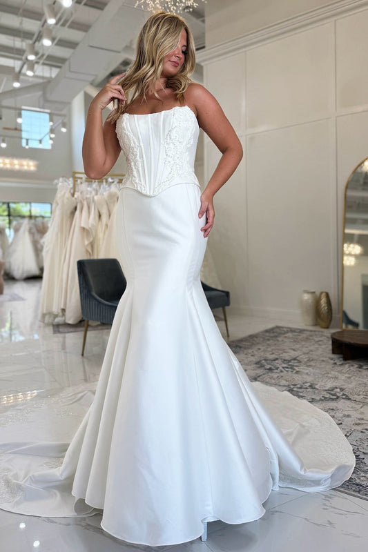 Meerjungfrau Weiß Satin Spitze Applizierte Korsett Trägerlosen Brautkleider für Die Braut HE805