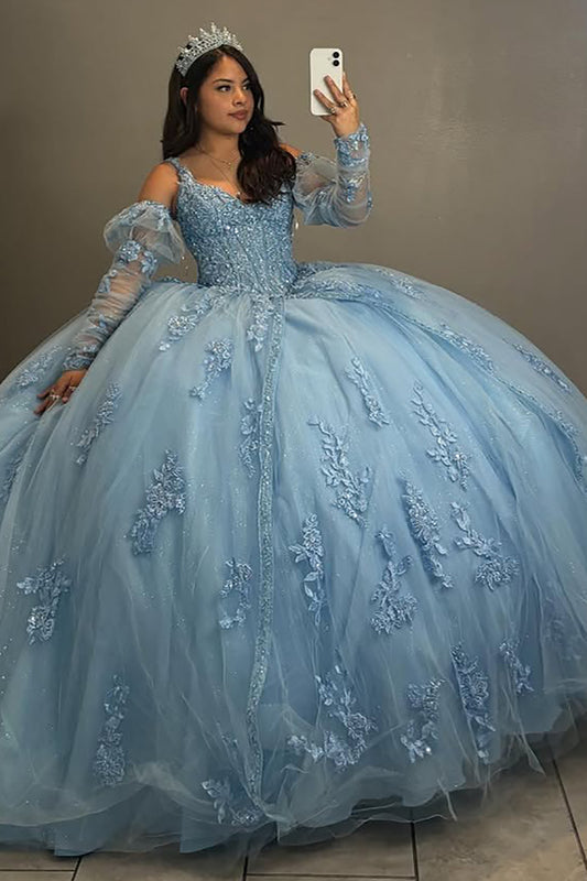 Ball Gown V Neck Tulle Appliqued Sweet 16 Quinceanera Dresses with Detachable Sleeves HE812