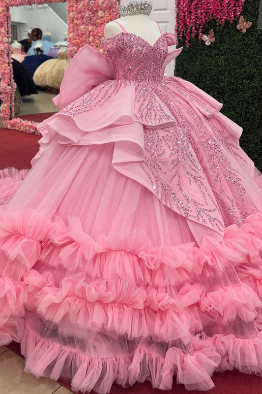 Ball Gown Tulle Lace Beaded Ruffles Pink Quinceanera Dresses for Sweet 16 HE953