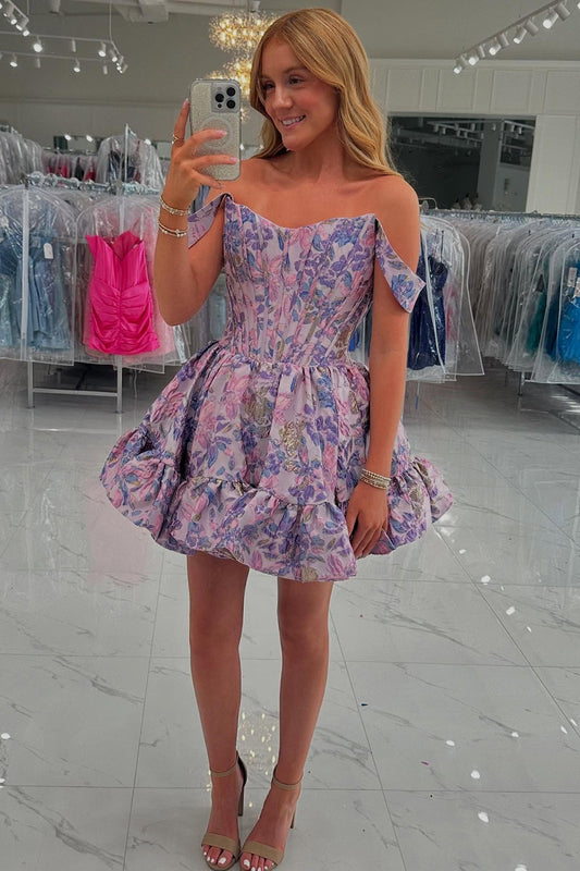 Off Shoulder Satin Floral Print A Line Short Homecoming Dresses for Juniors HE836