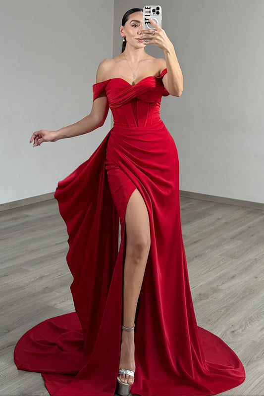 Off Shoulder Mermaid Satin Corset Long Prom Dresses Sheath Party Gowns with Slit HE1039