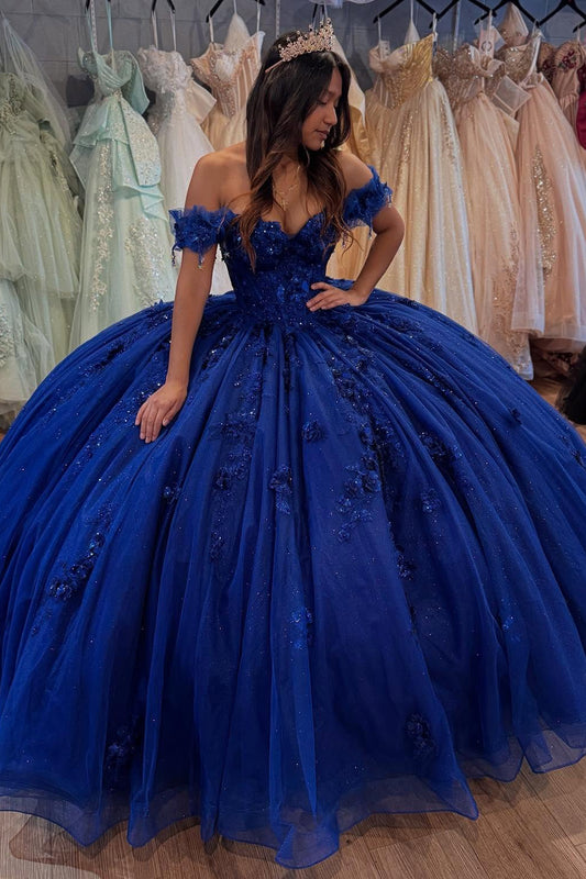 Royal Blue Tulle 3D Flowers Off Shoulder Quinceanera Dresses for Sweet 16 Party HE896
