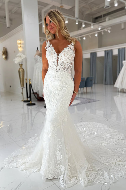 Mermaid Tulle Lace Appliqued V Neck Beach Wedding Dresses for Women HE799