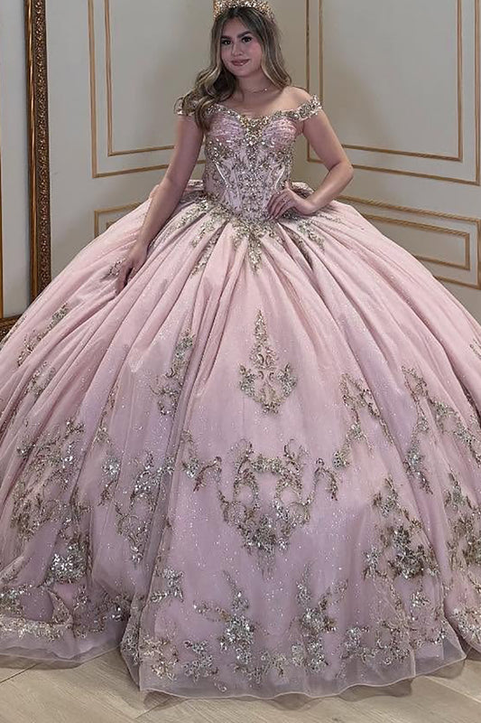 Luxury Tulle Appliqued Beaded Off Shoulder Pink Quinceanera Dresses for Sweet 16 HE908