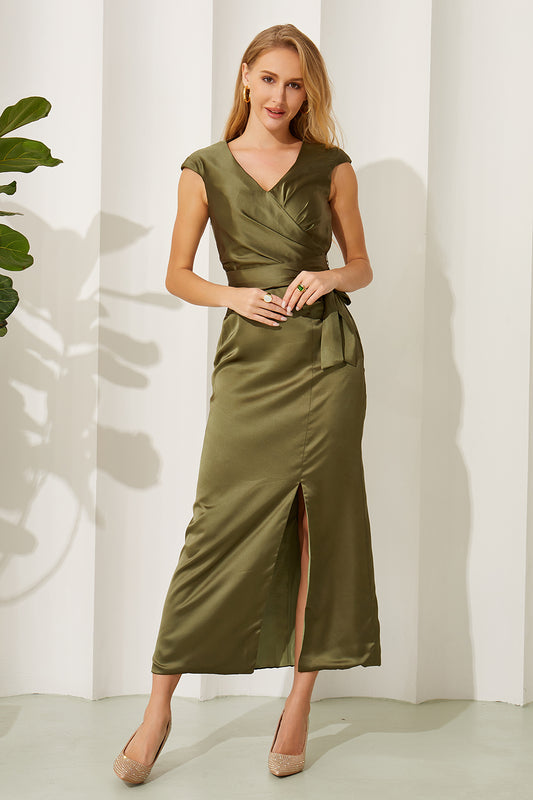 Olive Green Satin V Neck Split Bridesmaid Dresses Women's Wedding Party Gowns HE700