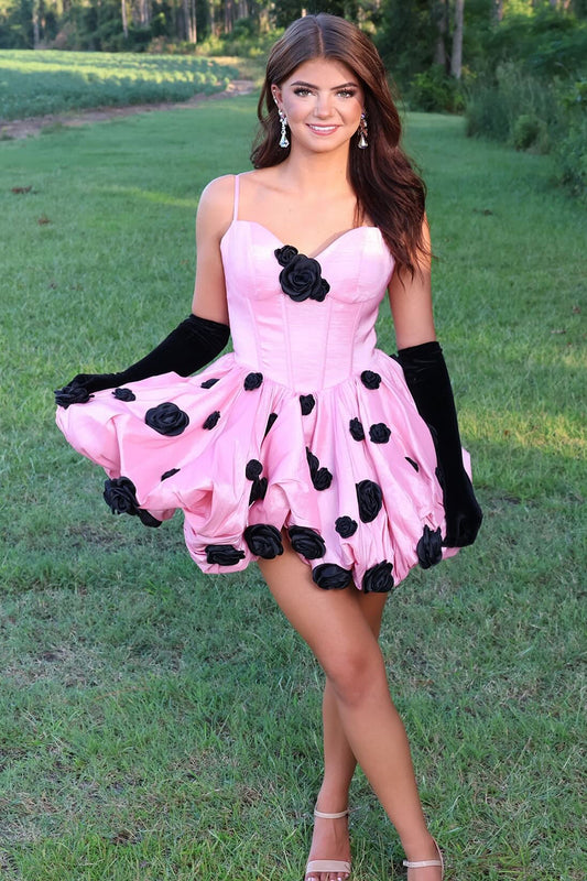 A Line Sweetheart Pink 3D Flowers Homecoming Dresses Short for Juniors HE786