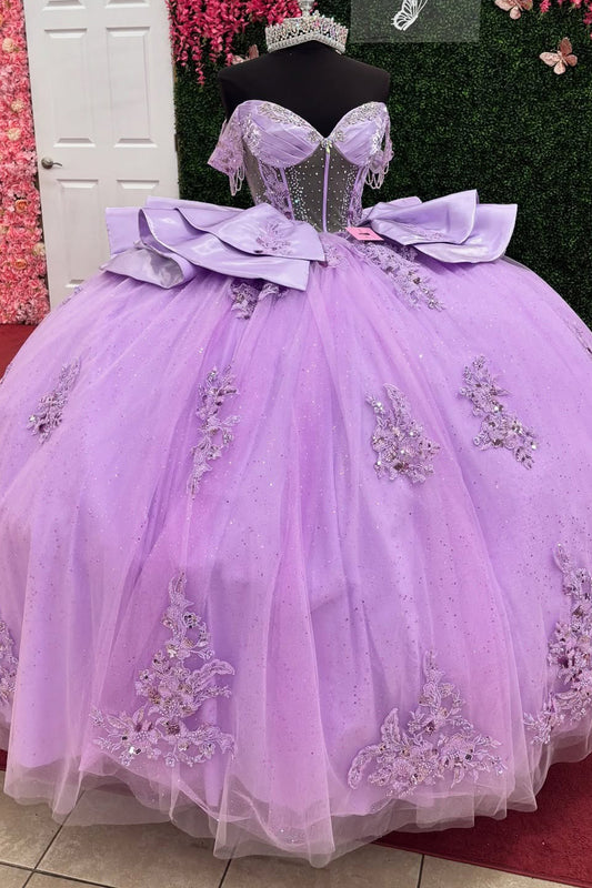 Off Shoulder Lilac Tulle Corset Appliqued Princess Quinceanera Dresses for Sweet 16 HE952