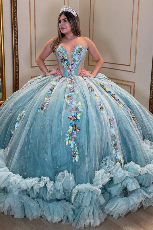 Sweetheart Ball Gown Tulle 3D Flowers Ruffles Princess Quinceanera Dresses HE870