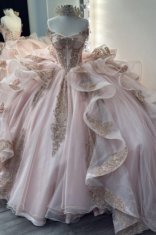 Sweetheart Tulle Ruffle Lace Appliqued Blush Quinceanera Dresses for Sweet 16 Party HE935