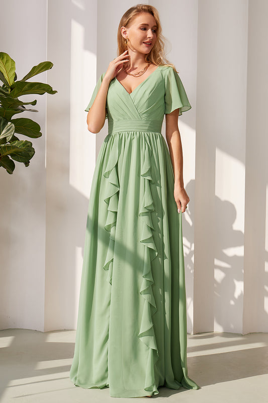 A Line V Neck Short Sleeves Chiffon Long Bridesmaid Dresses for Women HE702