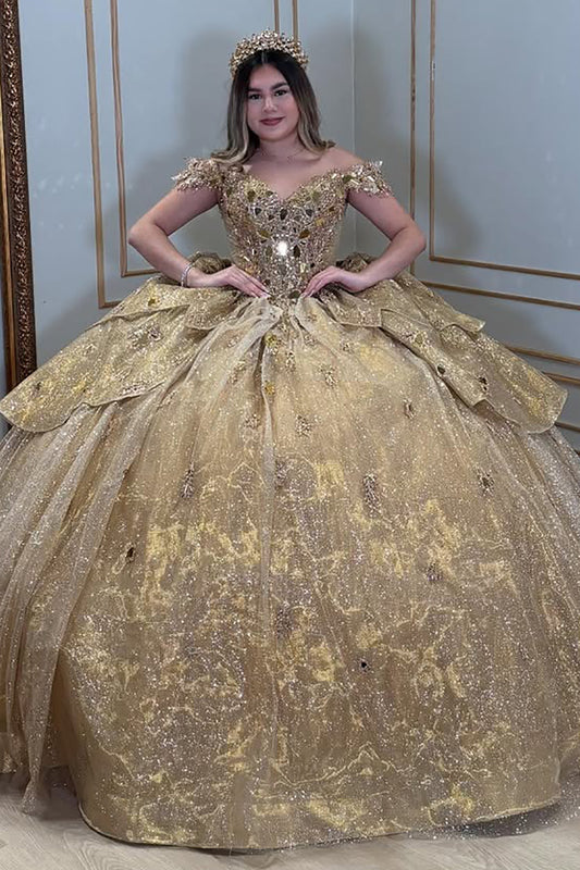Schulterfreies, goldenes, luxuriöses Quinceanera-Kleid mit Tüllapplikationen und Perlen für Sweet 16 HE767