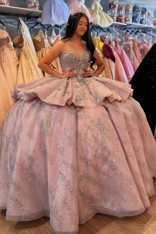 Sweetheart Pink Tulle Sequin Beaded Ball Gown Quinceanera Dresses for Sweet 16 HE768