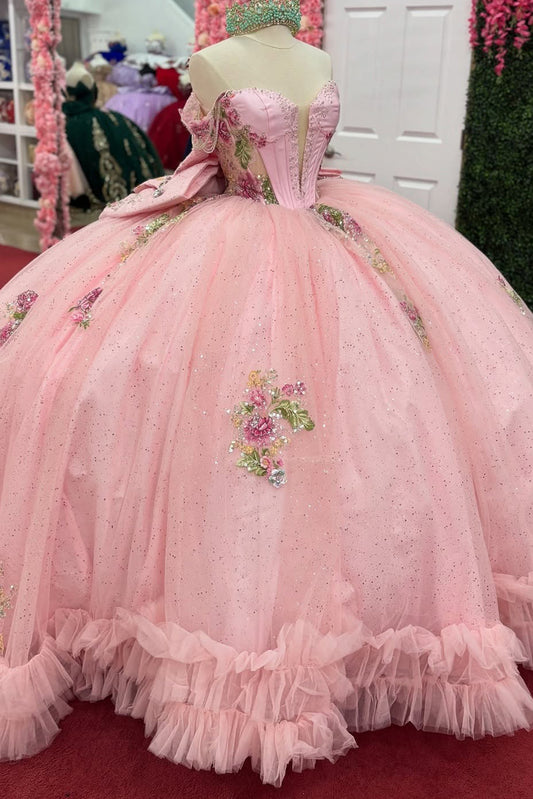 Off Shoulder Glittery Tulle Lace Beaded Pink Quinceanera Dresses for Sweet 16 HE947