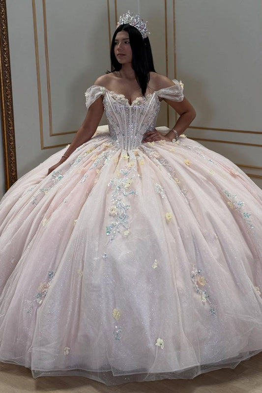 Rosa Ballkleid Tüll Appliqued Perlen Off Schulter Quinceanera Kleider HE853