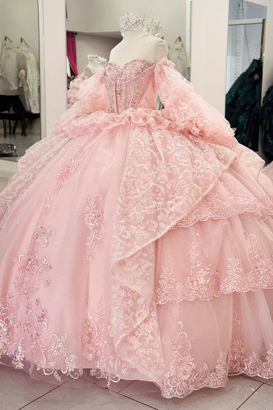 Princess Ball Gown Tulle Appliqued Pink Quinceanera Dresses with Ruffles HE944