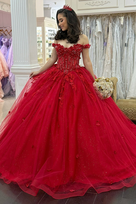 Off Shoulder Tulle 3D Flowers Corset Red Quinceanera Dresses for Sweet 16 Birthday HE1013