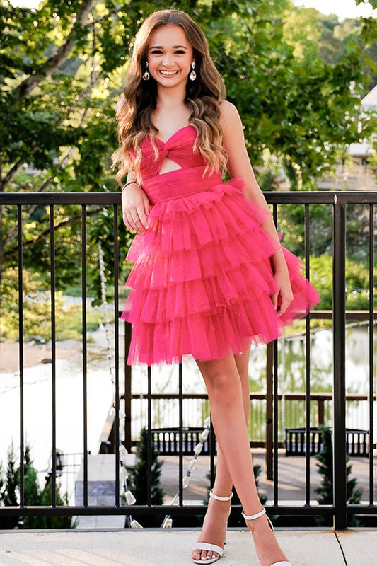 Fuchsia Ruffled Tulle A Line Keyhole Short Homecoming Dress for Juniors HE753