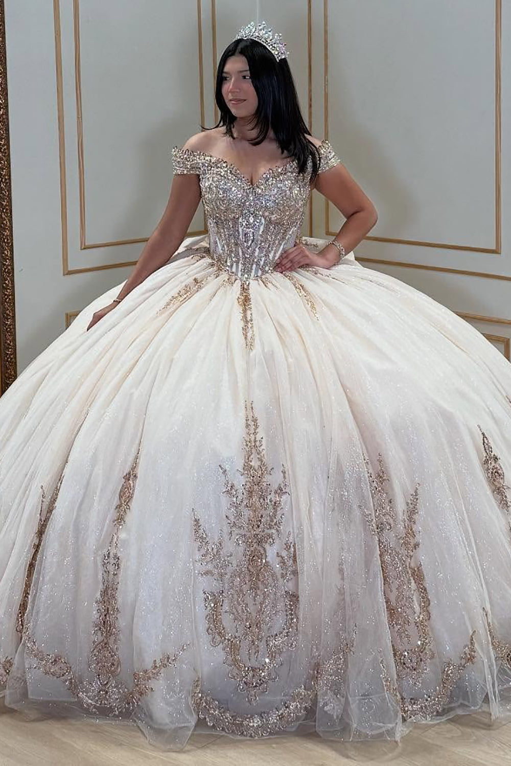 Ball Gown Off Shoulder Champagne Lace Appliqued Quinceanera Dresses wi – Hebebridal Ball Gown Off Shoulder Champagne Lace Appliqued Quinceanera Dresses wi – Hebebridal