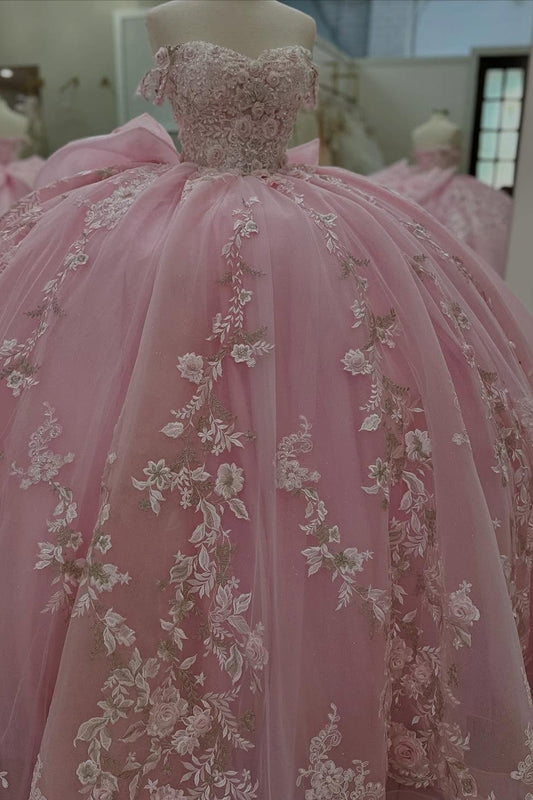 Princess Off Shoulder Sleeveless Tulle Appliqued Quinceanera Dress with Bowknot HE889
