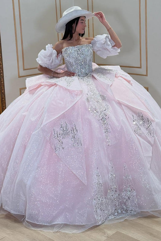 Ball Gown Sweetheart Lace Beaded Pink Quinceanera Dresses with Detachable Sleeves HE821