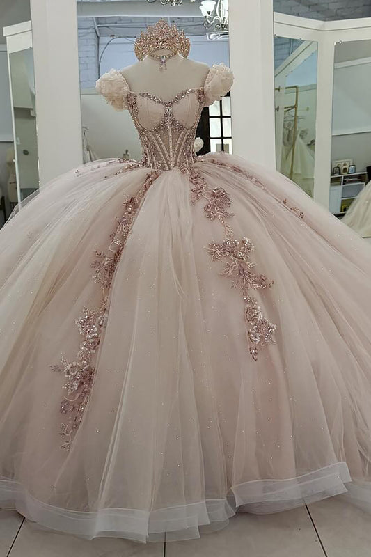 Off Shoulder Pink Tulle Appliqued Beaded Sweet 16 Quinceanera Dresses for Birthday HE929